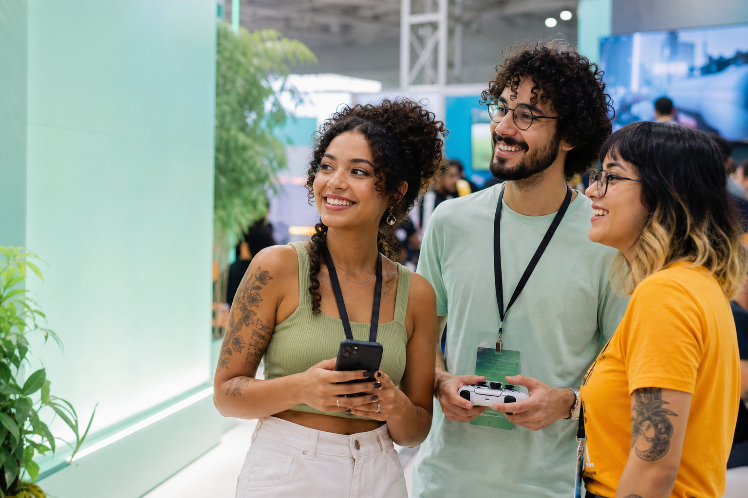Jovens criadores e jogadores em um evento de tecnologia