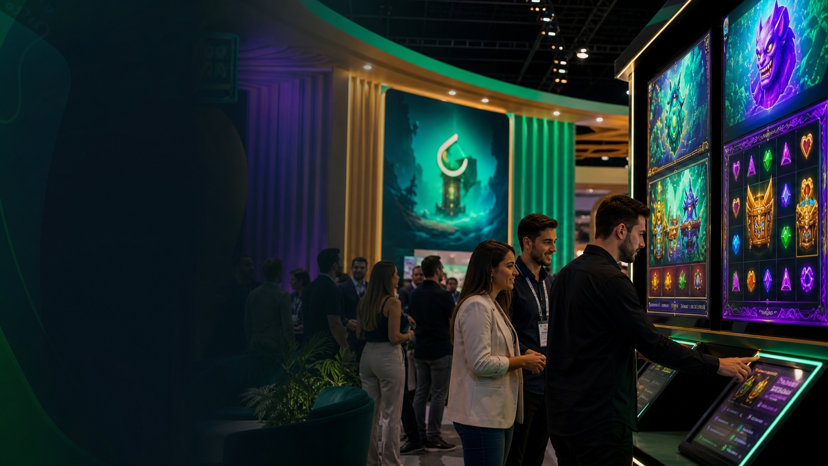 Profissionais e criadores conhecendo jogos de slots em um grande encontro da indústria