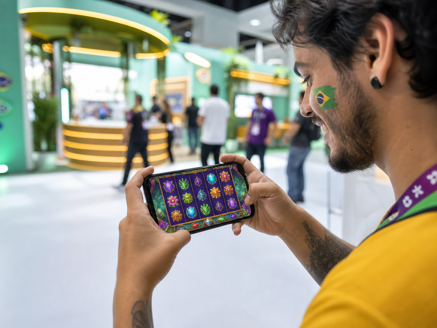 Jogador explorando um slot mobile em um evento GameJoy